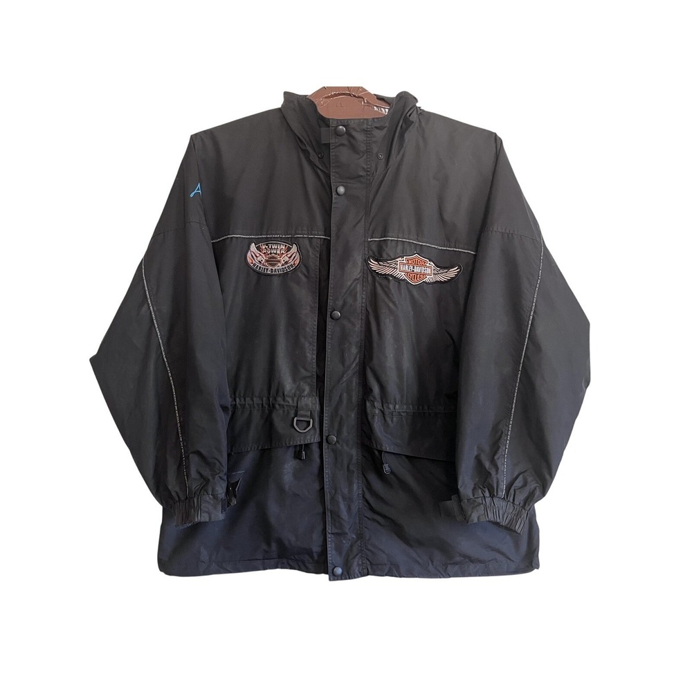 Tri-Mountain Jacket Mens 2XL Black Nylon Harley Davidson Hooded Moto Windbreaker